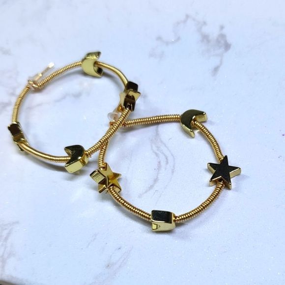 Handmade gold color hoops moon star medium size new - Picture 2 of 4